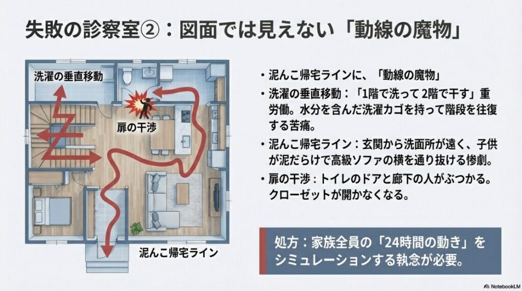 洗濯の垂直移動、玄関から手洗いまでの動線（泥んこ帰宅ライン）、扉の干渉など、家事・生活動線の失敗例を解説したスライド。