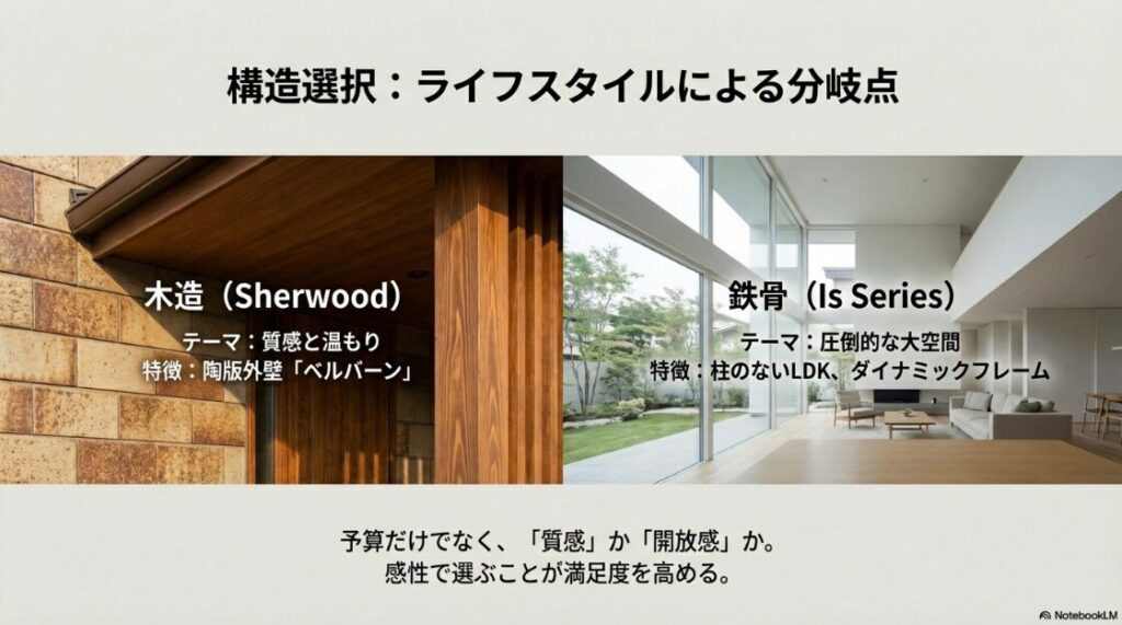 木造（シャーウッド）のベルバーンの質感と、鉄骨（Is Series）の無柱大空間LDKを比較し、感性での選び方を提案する画像。