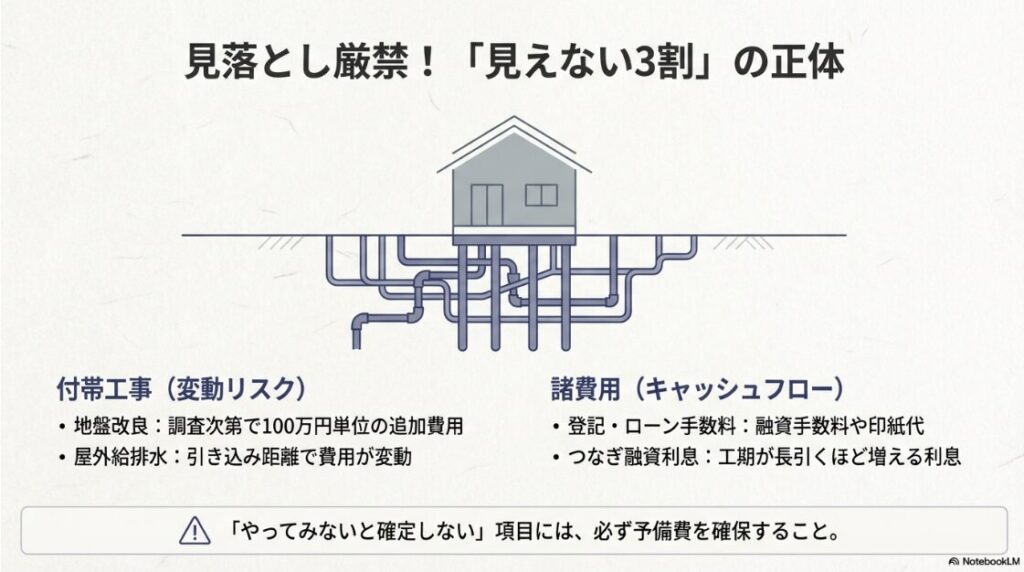付帯工事の変動リスク（地盤改良・給排水）と諸費用のキャッシュフロー（登記・ローン手数料など）を解説したスライド