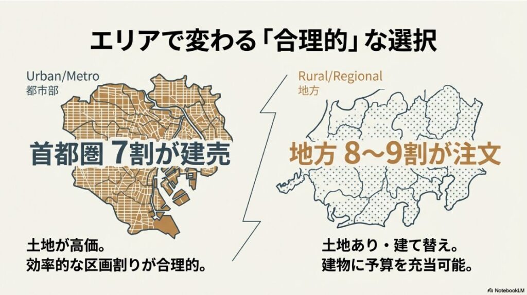 首都圏では土地が高価なため7割が建売住宅、地方では土地があるため8〜9割が注文住宅というエリアごとの割合を示す比較図。