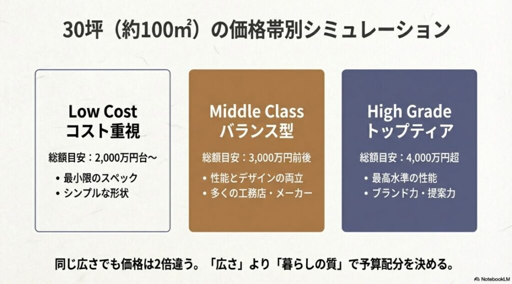 30坪の住宅におけるローコスト（2,000万円台〜）、ミドル（3,000万円前後）、ハイグレード（4,000万円超）の3つの価格帯を比較した図解
