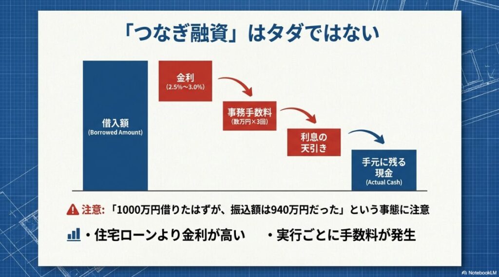 借入額から金利、事務手数料、利息が天引きされ、実際に手元に残る現金が少なくなる仕組みを図解。金利の目安（2.5%〜3.0%）も記載。