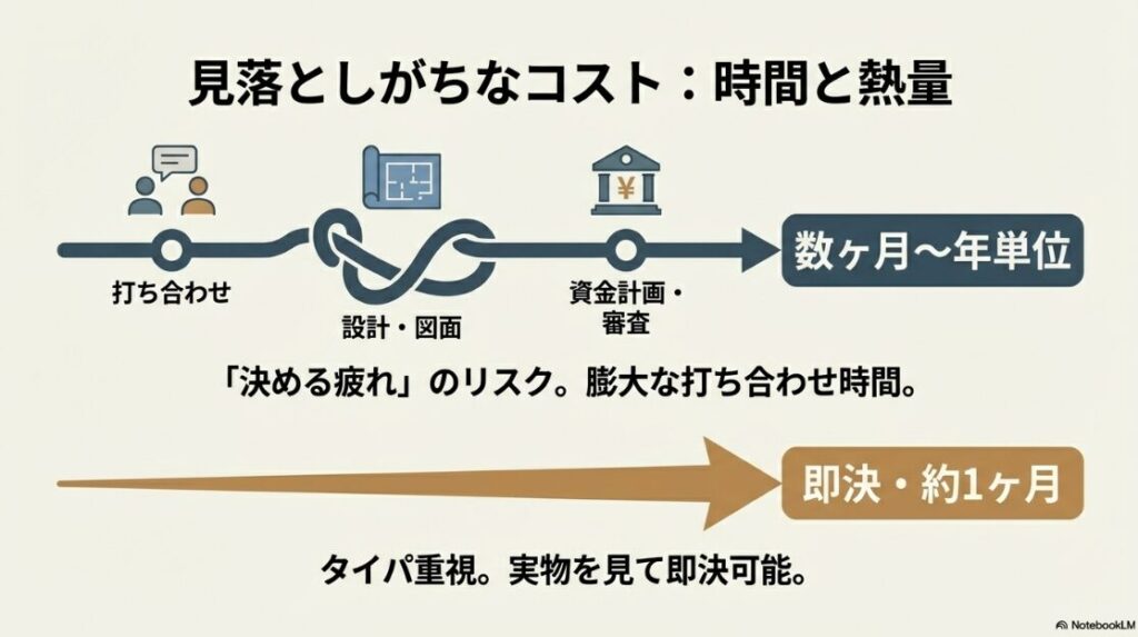 注文住宅は打ち合わせや設計に数ヶ月〜年単位を要し「決める疲れ」のリスクがある一方、建売住宅は実物を見て約1ヶ月で即決できるというタイパの違いを解説する図。
