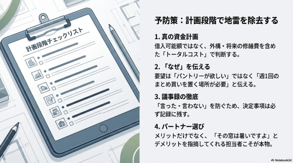 資金計画、要望の理由を伝えること、議事録の徹底、デメリットを指摘するパートナー選びの4点をまとめた計画段階のチェックリスト。