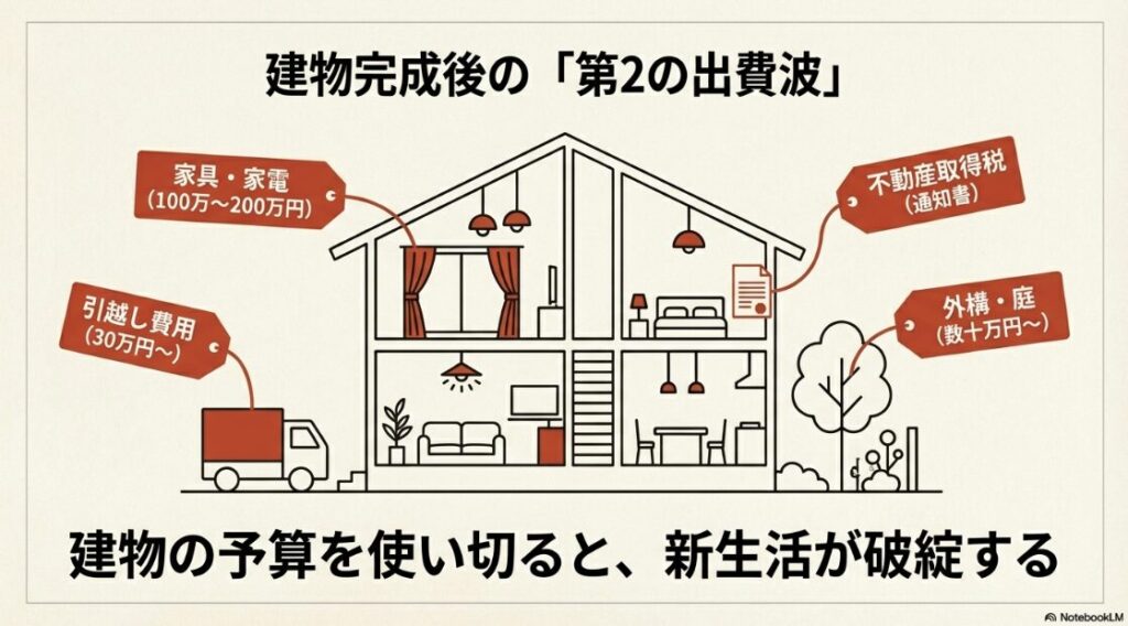 入居前後に必要な家具・家電、引越し費用、不動産取得税、外構・庭の費用など、建物予算以外にかかる高額な出費項目を網羅した図。