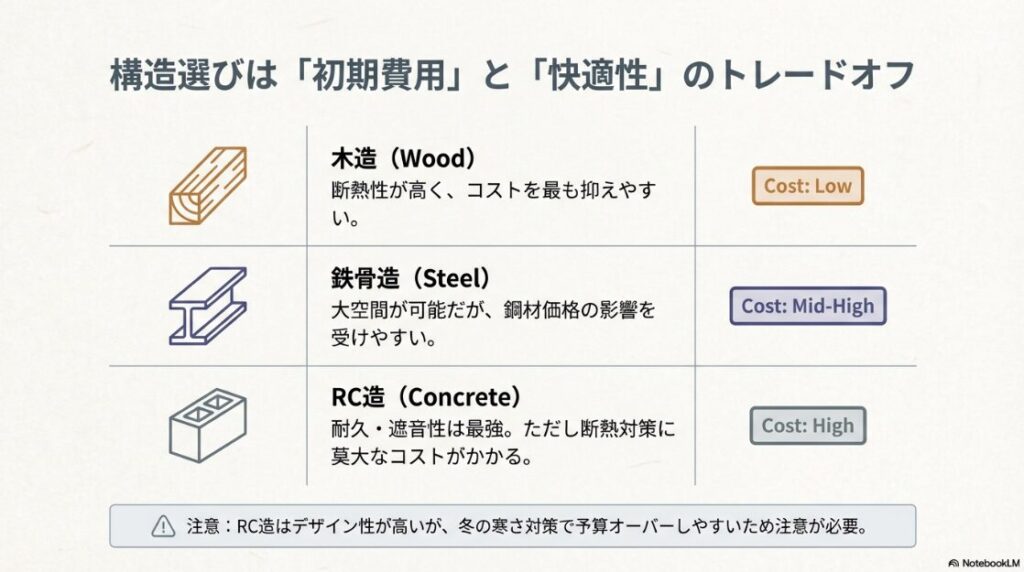 木造（Low）、鉄骨造（Mid-High）、RC造（High）のコスト差と、それぞれの特徴（断熱性、大空間、耐久・遮音性）を比較したリスト