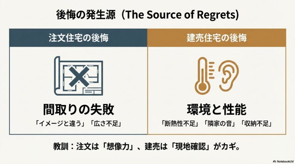 注文住宅は「間取りの失敗」などの判断ミス、建売住宅は「断熱性・隣家の音・収納不足」などのスペック面が主な後悔の原因であることを示す比較イラスト。