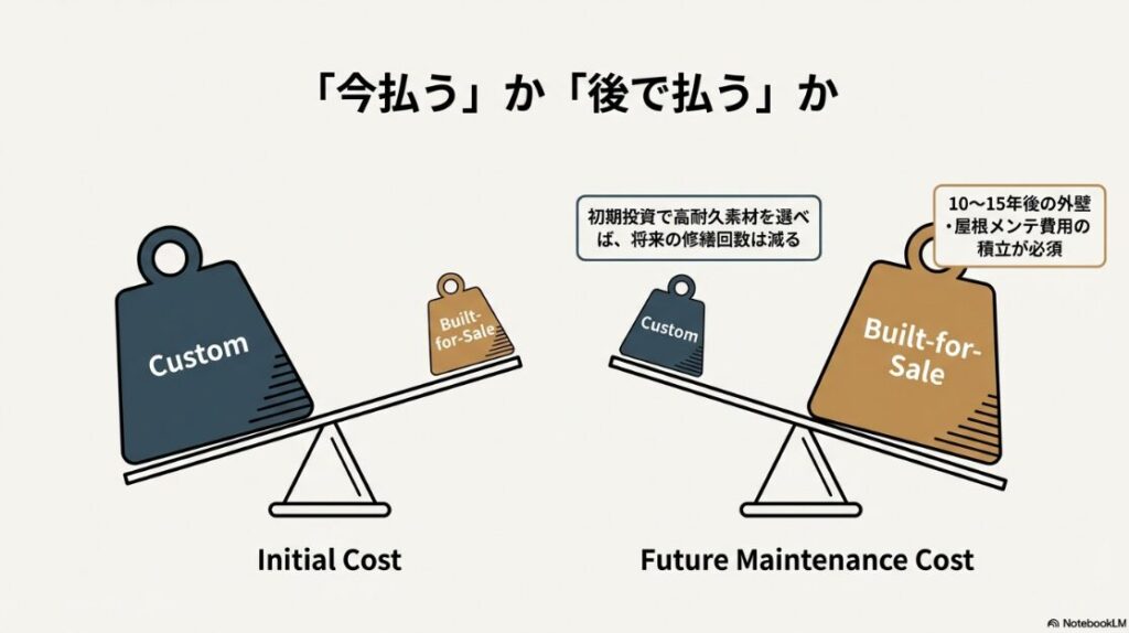 注文住宅は初期投資で高耐久素材を選び将来の修繕回数を減らす戦略、建売住宅は初期費用を抑える代わりに10〜15年後のメンテナンス費用をしっかり積み立てる必要があることを示す天秤の図解。