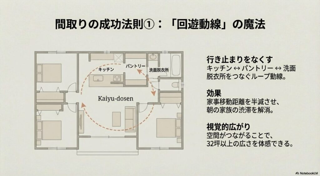 キッチン、パントリー、洗面脱衣所をループ状につなぎ、家事移動距離を半減させる「回遊動線（Kaiyu-dosen）」の間取り解説図。