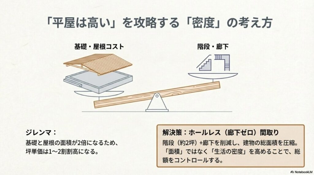 基礎・屋根コストと階段・廊下の面積をシーソーで比較し、ホールレス間取りで生活密度を高め総額を抑える工夫を解説するスライド