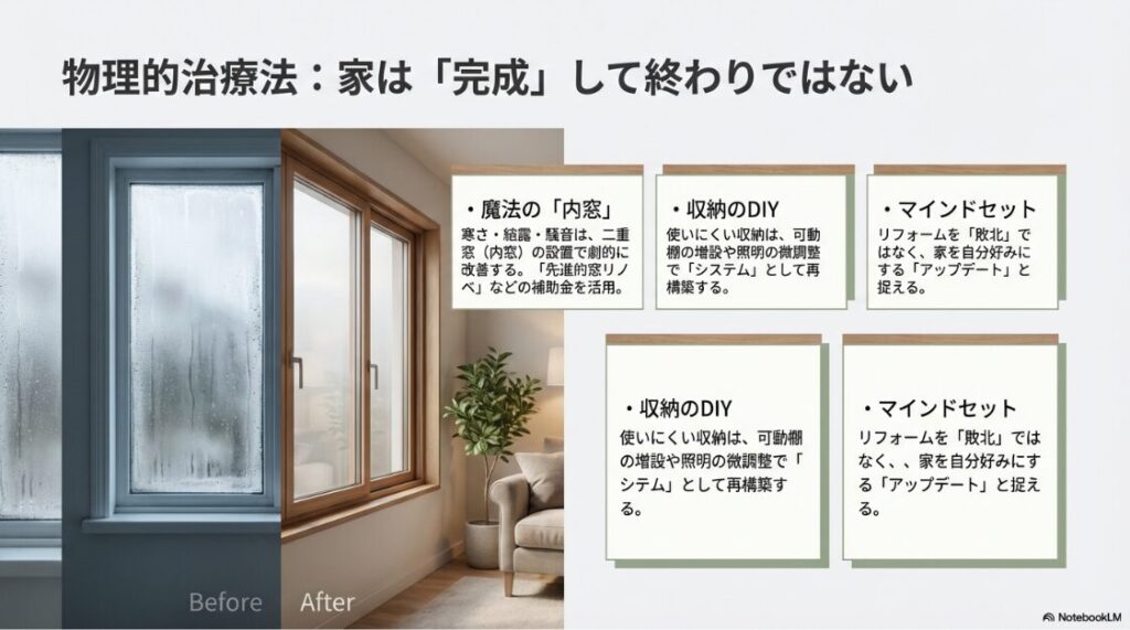 二重窓（内窓）の設置や、収納のDIYなど、住み始めてから物理的に不便を解消する方法を解説したスライド。