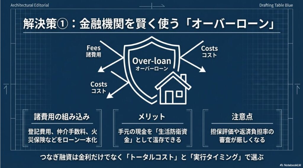 登記費用、仲介手数料、火災保険などを住宅ローンに一本化し、現金を温存するメリットと、審査が厳しくなる注意点をまとめた図。