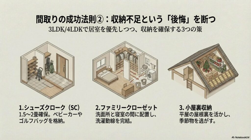 シューズクローク（SC）、ファミリークローゼット、小屋裏収納の3か所をアイソメ図で示した、平屋の収納力アップの具体策。