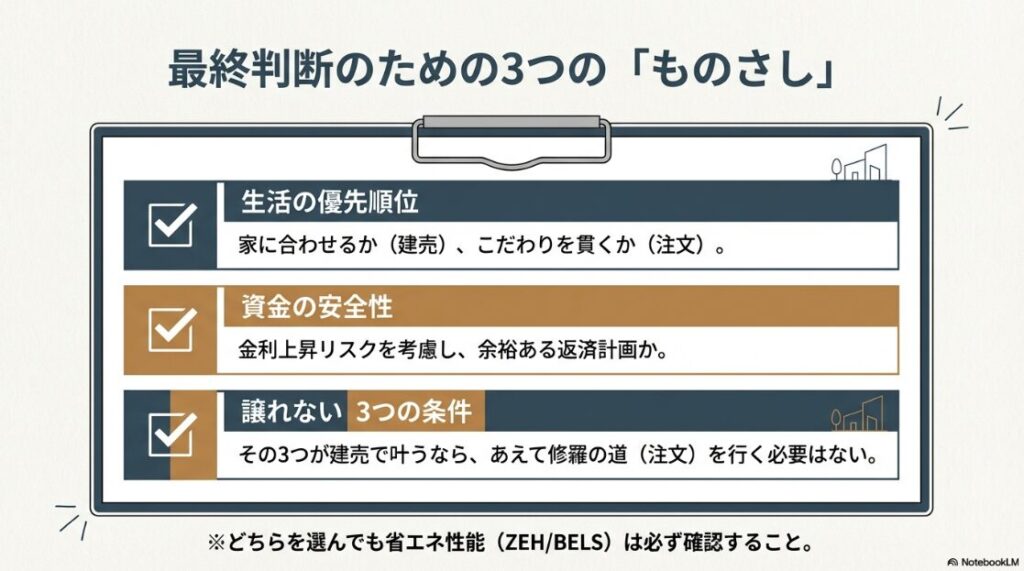 1.生活の優先順位（家に合わせるかこだわりを貫くか）、2.資金の安全性（金利リスクの考慮）、3.譲れない3つの条件（建売で叶うなら無理に注文を選ばない）の3点をまとめた最終判断用チェックリスト。