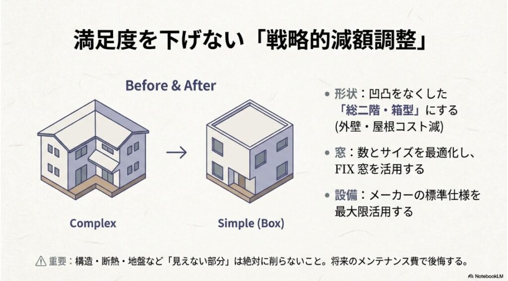 複雑な形状からシンプルな箱型への変更、窓の最適化、標準仕様の活用を図解し、構造や断熱は削らない重要性を説くスライド