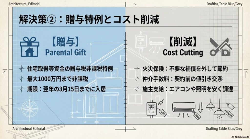 最大1000万円の贈与税非課税特例の要件と、火災保険の見直しや施主支給によるコスト削減アクションを並列して解説した図。