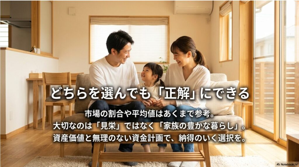 市場の割合はあくまで参考であり、見栄ではなく「家族の豊かな暮らし」を最優先にし、資産価値と無理のない資金計画で納得のいく選択をすることを伝えるまとめのスライド。