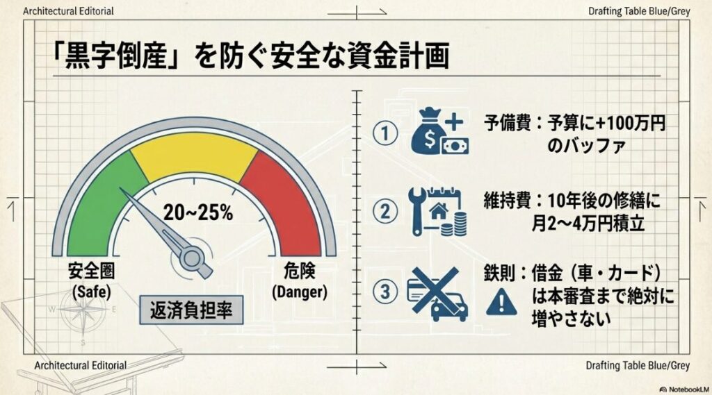 適切な返済負担率のメーター（20～25%）と、予備費・修繕費の積立、本審査までの新規借入禁止という3つの鉄則を示した図。