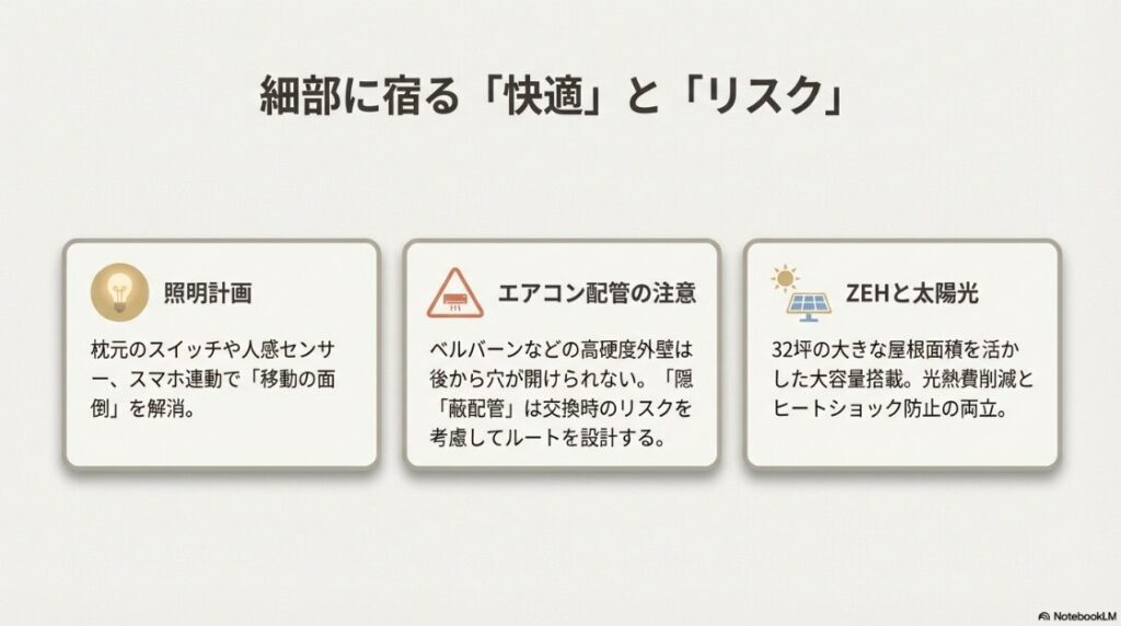 照明計画、エアコン配管の注意点（ベルバーンへの穴あけリスク）、ZEHと太陽光発電のメリットをまとめた3つのポイント図。