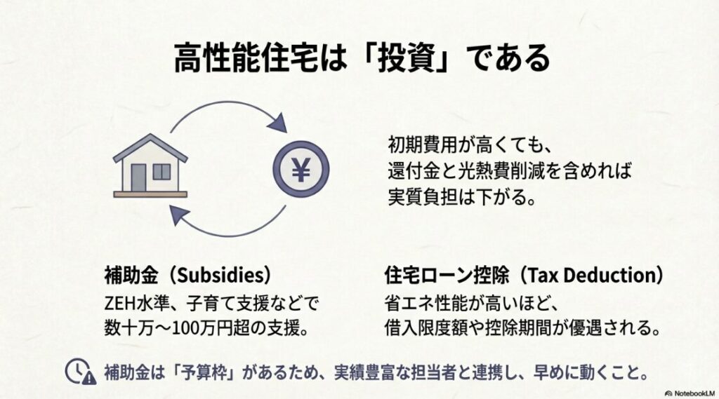 初期費用が高くても補助金や住宅ローン控除で実質負担が下がる仕組みを解説したスライド
