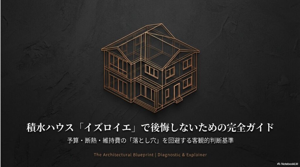 積水ハウスの鉄骨住宅「イズロイエ」のワイヤーフレーム画像とともに、「予算・断熱・維持費の落とし穴を回避する客観的判断基準」と書かれた表紙スライド 。