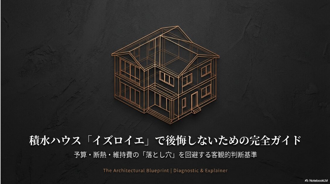 積水ハウスの鉄骨住宅「イズロイエ」のワイヤーフレーム画像とともに、「予算・断熱・維持費の落とし穴を回避する客観的判断基準」と書かれた表紙スライド 。