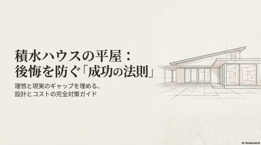 「積水ハウスの平屋：後悔を防ぐ『成功の法則』理想と現実のギャップを埋める、設計とコストの完全対策ガイド」と書かれた表紙画像 。