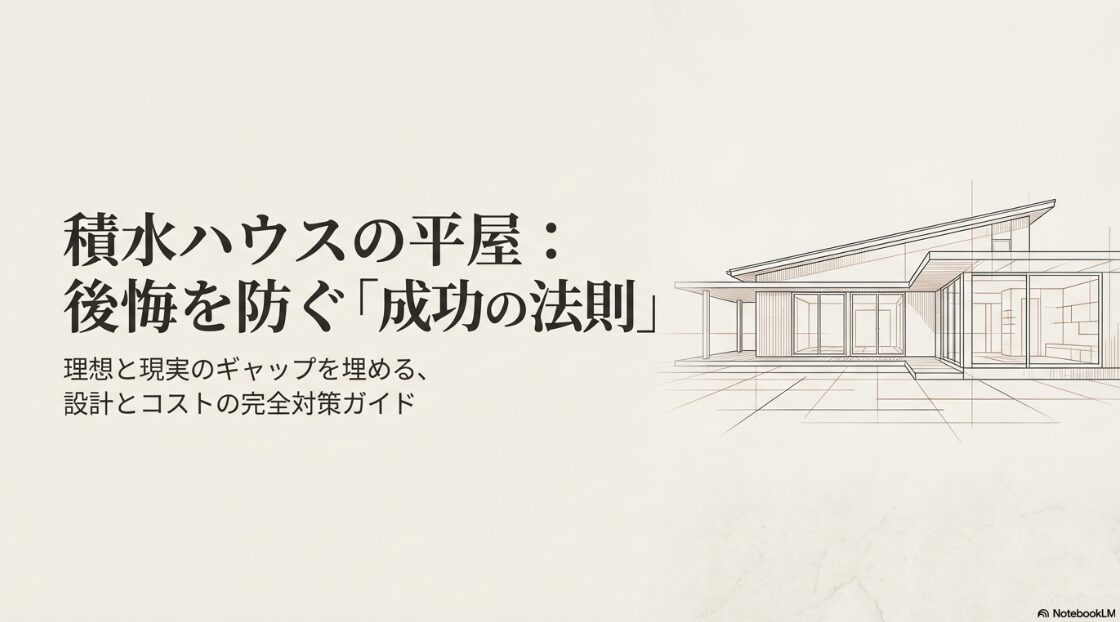 「積水ハウスの平屋：後悔を防ぐ『成功の法則』理想と現実のギャップを埋める、設計とコストの完全対策ガイド」と書かれた表紙画像 。