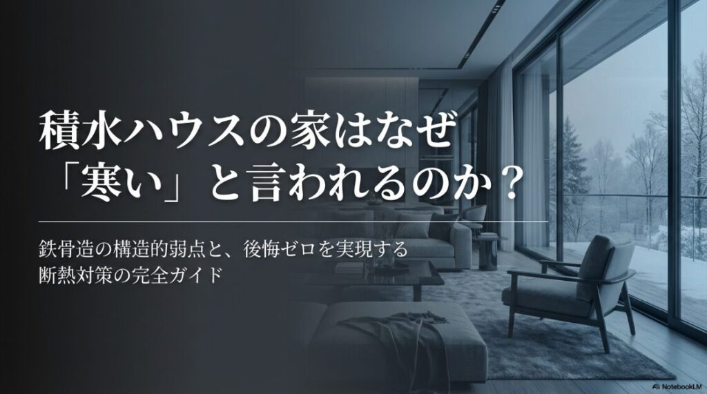 積水ハウスの家が寒いと言われる理由と、鉄骨造の構造的弱点を克服する断熱対策完全ガイドの表紙スライド。