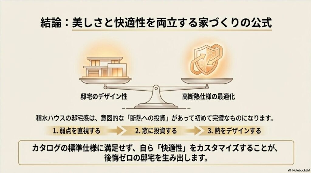 弱点を直視し、窓に投資し、熱をデザインすることで、後悔ゼロの邸宅を生み出すための3つのステップをまとめた結論スライド。