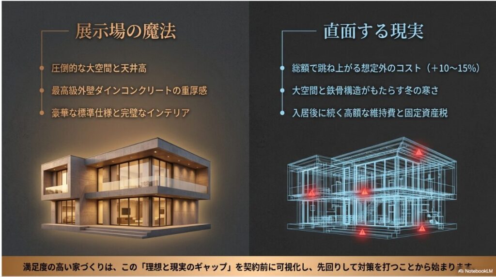 豪華なモデルハウスのイメージと、コスト増（+10〜15%）や冬の寒さ、高額な維持費などの現実的な課題を対比させた比較スライド 。