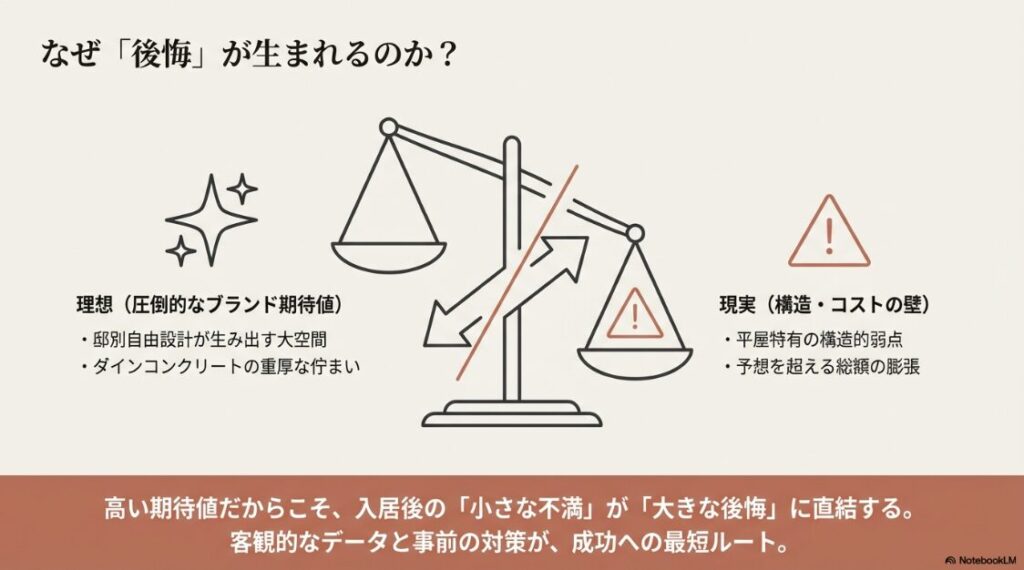 左側に「邸別自由設計」「ダインコンクリート」などの理想、右側に「構造・コストの壁」を配置し、事前の対策が成功への最短ルートであることを示す天秤の図解 。