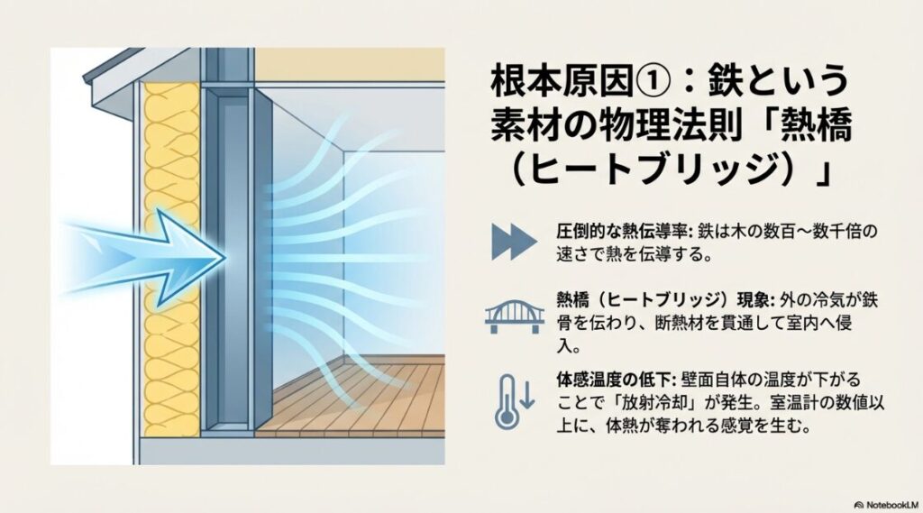 外の冷気が鉄骨を伝わって断熱材を貫通し、室内へ侵入する熱橋現象と、放射冷却による体感温度低下の図解。