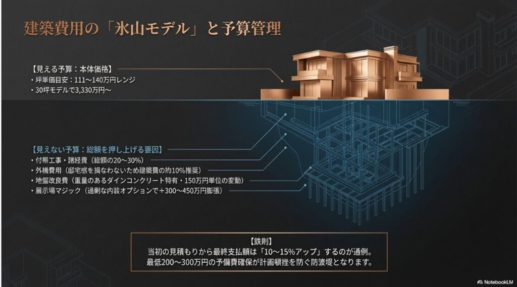 本体価格（坪111〜140万円レンジ）に対し、付帯工事や地盤改良、オプション費用などが「見えない予算」として総額を押し上げる構造を示した図解スライド 。
