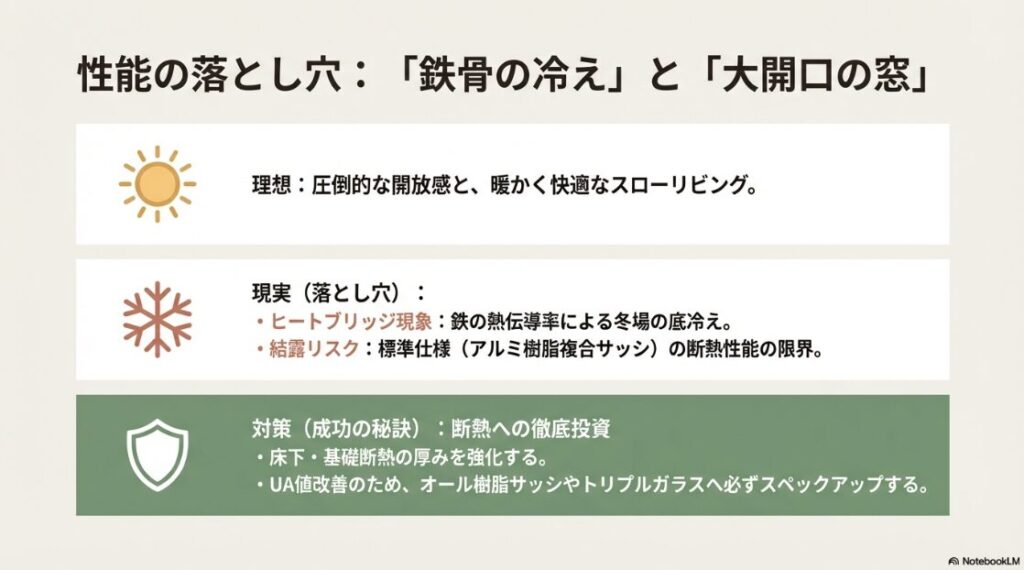 鉄の熱伝導による冬場の底冷えやアルミ樹脂複合サッシの結露リスクに対し、床下断熱の強化やトリプルガラスへのスペックアップが必要であることを説くスライド 。