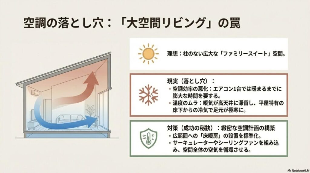 高天井に暖気が滞留し、床下からの冷気で足元が極寒になる様子を示した気流図と、床暖房やサーキュレーターによる空気循環の重要性をまとめた図解 。