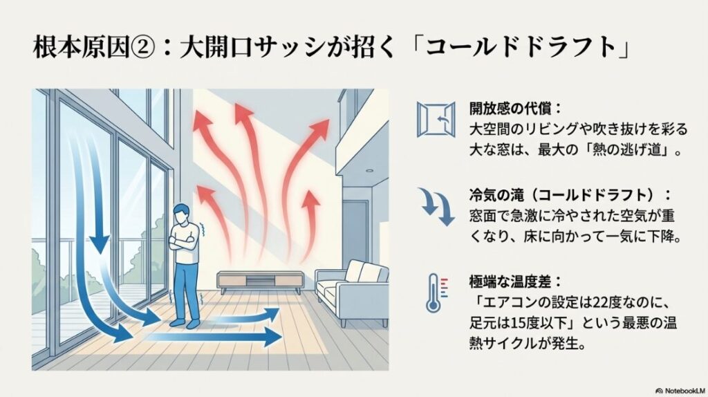 大きな窓で冷やされた空気が床に向かって下降し、エアコン設定温度(22度)と足元温度(15度以下)に極端な差を生む仕組み。