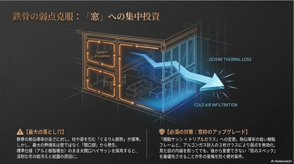 鉄骨住宅の熱損失の多くが窓から発生することを示し、対策として樹脂サッシ＋トリプルガラスへのアップグレードを推奨する技術解説スライド 。