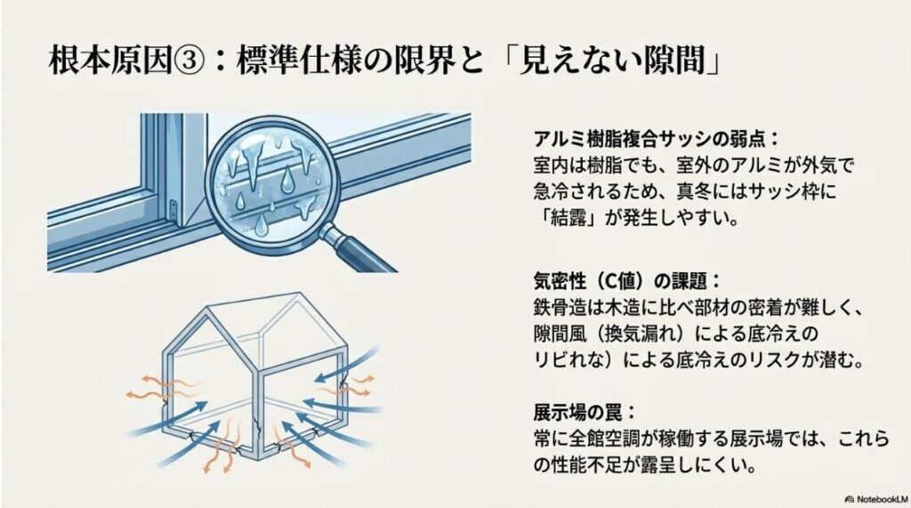 アルミ樹脂複合サッシの結露発生、鉄骨造の気密性（C値）の課題、および全館空調のある展示場では気づきにくい性能不足の解説。