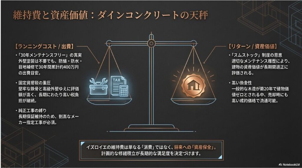 30年累計約400万円のメンテナンス費（出費）と、スムストック制度による高い資産価値（リターン）を天秤で比較した解説スライド 。