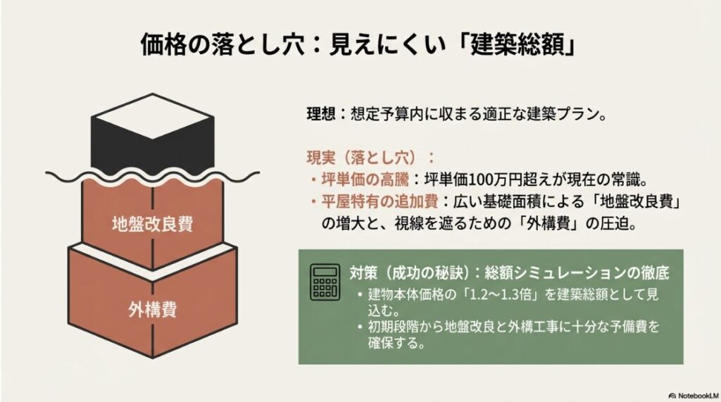 建物本体だけでなく、地盤改良費や外構費が総額を押し上げることを示す積み上げ図。総額を本体価格の $1.2 \sim 1.3$ 倍で見込むべきという対策を記したスライド 。