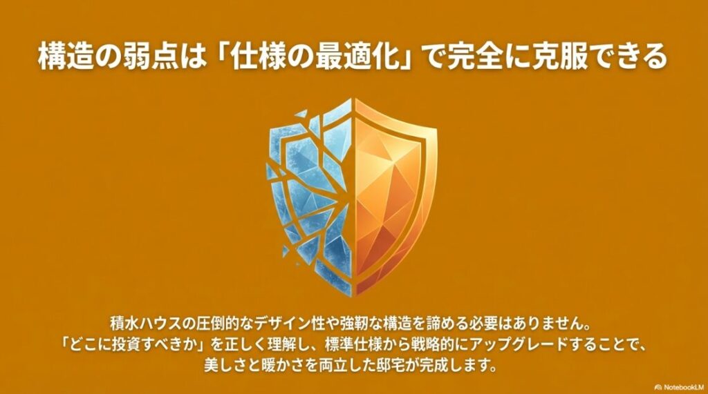 適切な投資と仕様のアップグレード(仕様の最適化)によって、積水ハウスのデザイン性と暖かさを両立できることを示すイメージ図。