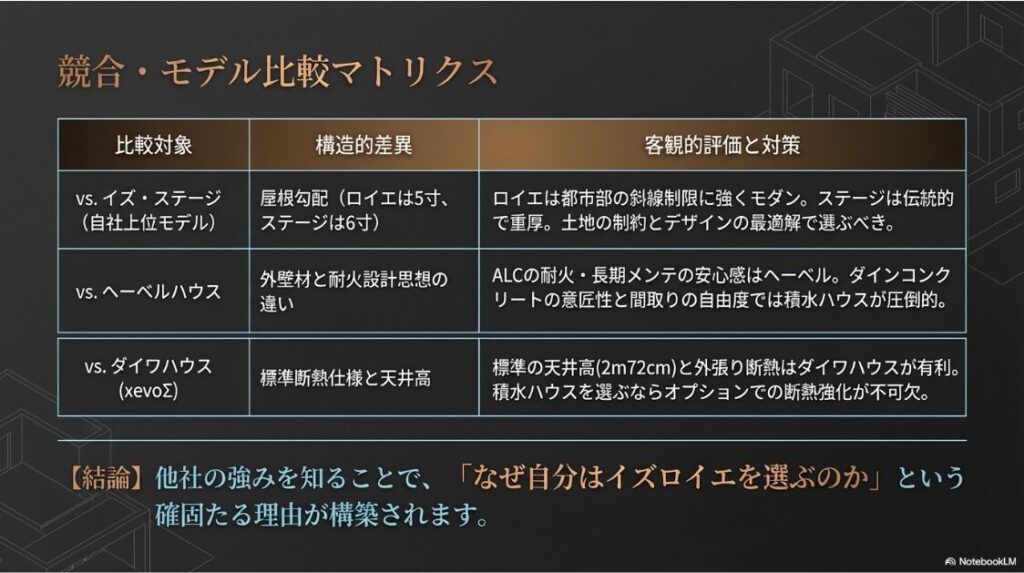 イズ・ステージ、ヘーベルハウス、ダイワハウス（xevoΣ）の3社と、イズロイエの構造的差異や客観的な評価をまとめた比較表スライド 。