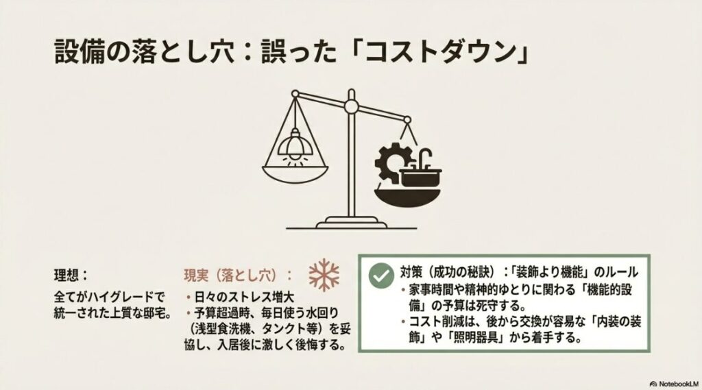 毎日使う水回り設備の妥協が入居後の後悔に直結することを示し、削減するなら後から交換が容易な「装飾品」や「照明」から着手すべきであることを説く天秤のイラスト 。