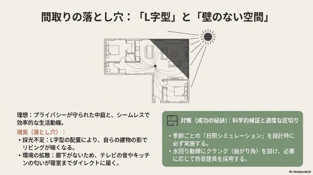 L字型の建物が自らの影でリビングを暗くする様子と、廊下がないことでテレビの音やキッチンの匂いが寝室まで届くリスクを示した間取り図 。