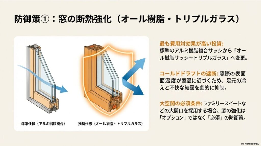 標準のアルミ樹脂複合サッシから、断熱性能が高いオール樹脂サッシ+トリプルガラスへ変更することによる結露抑制と断熱効果の解説。