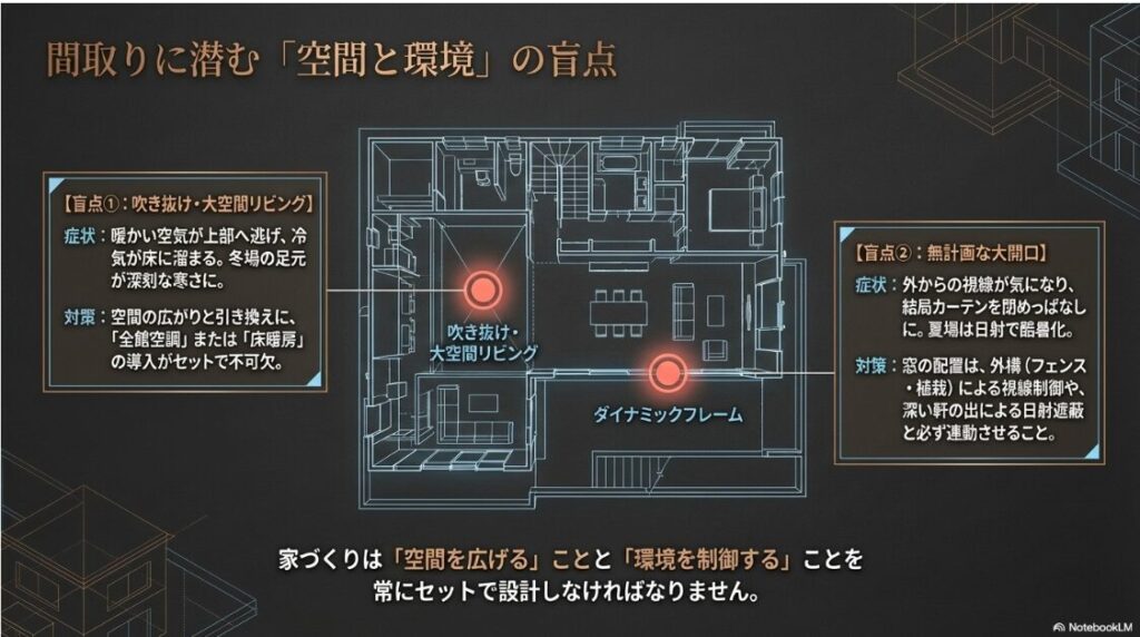 吹き抜けや大空間リビングによる寒さ、無計画な大開口による視線や酷暑といった盲点と、その具体的な対策を示した間取り診断スライド 。