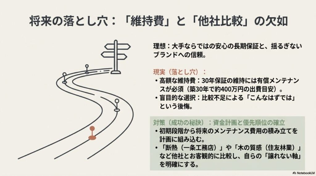 築30年で約400万円の有償メンテナンスが必要な現実と、一条工務店(断熱)や住友林業(木の質感)など他社と比較して「譲れない軸」を明確にすることを促すスライド 。