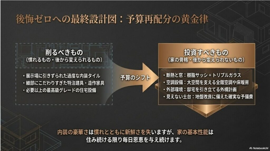 内装などの「削るべきもの」から、断熱や窓などの「投資すべき家の骨格」へ予算をシフトさせる戦略を示した図解スライド。