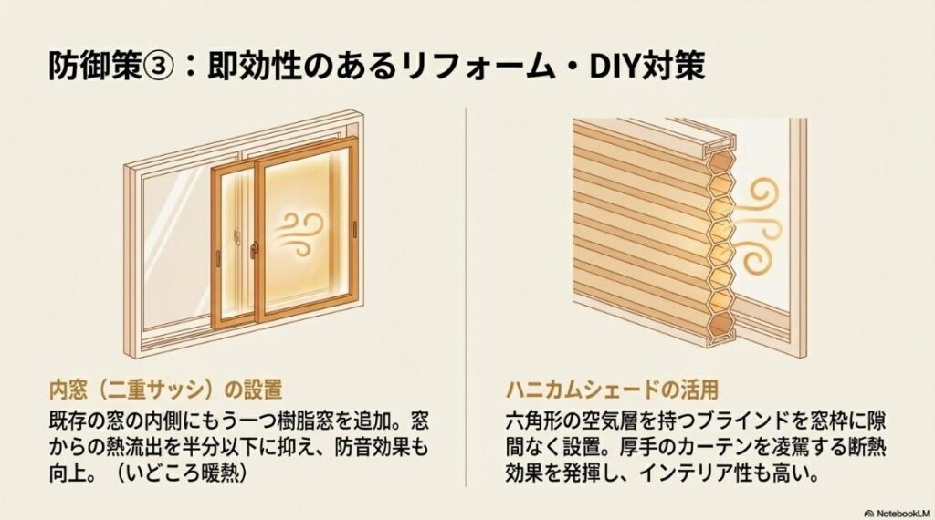 既存の窓に追加する樹脂窓（内窓）と、六角形の空気層で断熱するハニカムシェードの仕組みと効果を示す図。